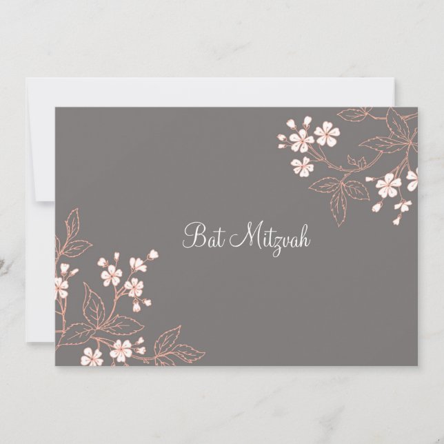 Coral Grey Damask Bat Mitzvah Invitations (Front)