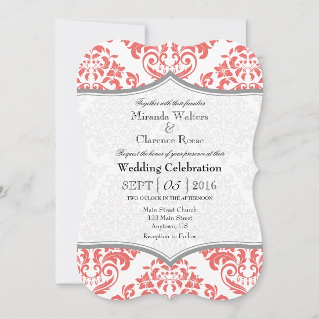 Coral Grey Damask Bracket Wedding Invite (Front)