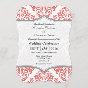 Coral Grey Damask Bracket Wedding Invite