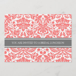 Coral Grey Damask Bridal Lunch Invitation