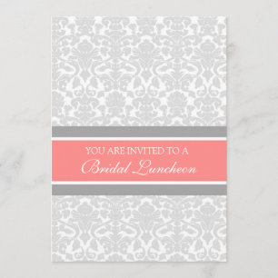 Coral Grey Damask Bridal Lunch Invitation Cards