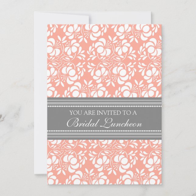 Coral Grey Damask Bridal Lunch Invitation Cards (Front)