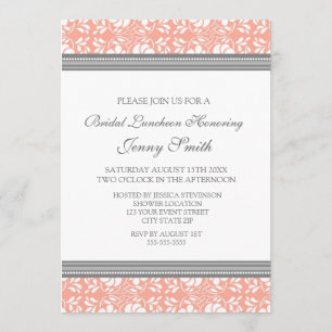 Coral Grey Damask Bridal Lunch Invitation Cards