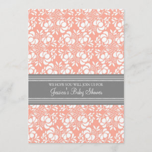 Coral Grey Damask Custom Baby Shower Invitations