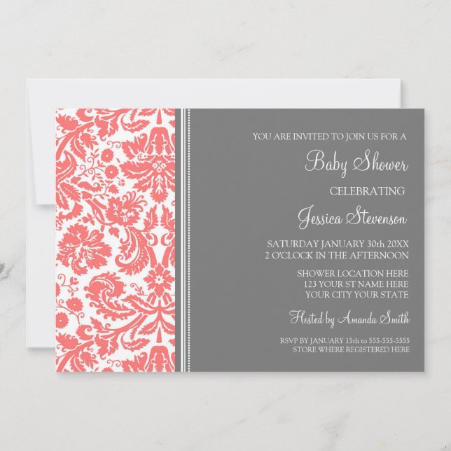 Coral Grey Damask Custom Baby Shower Invitations (Back)