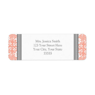 Coral Grey Damask Custom Return Address Labels