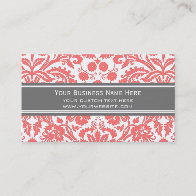 Coral Grey Damask Floral Business Cards (Front)