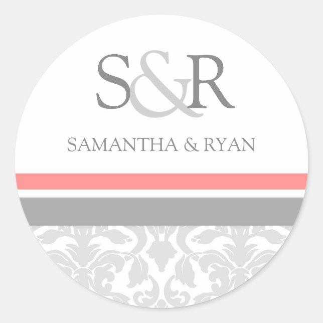 Coral Grey Damask Monogram Envelope Seal (Front)