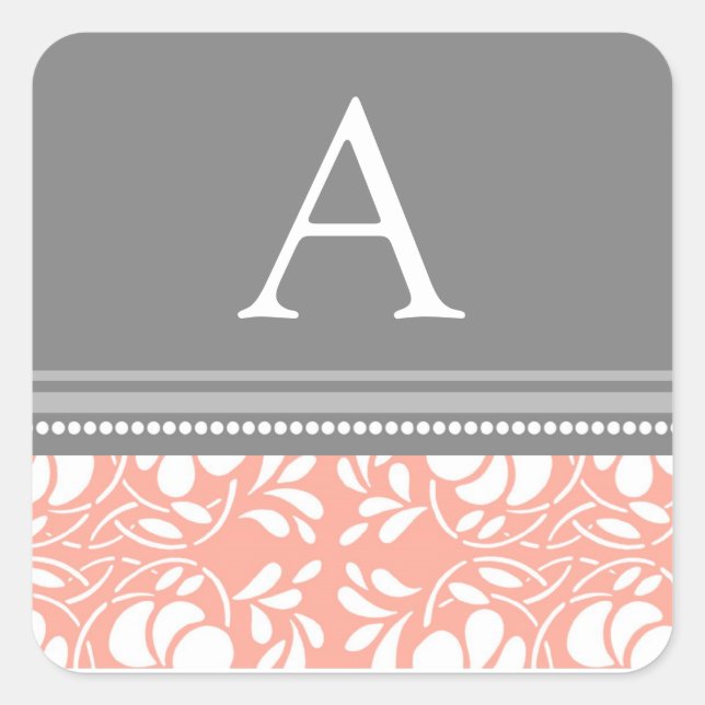 Coral Grey Damask Monogram Envelope Seal (Front)