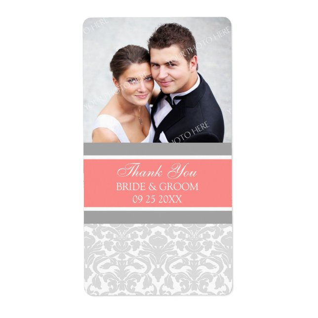 Coral Grey Damask Photo Wedding Labels (Front)