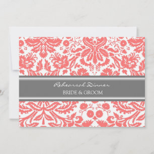 Coral Grey Damask Rehearsal Dinner Party Invitation
