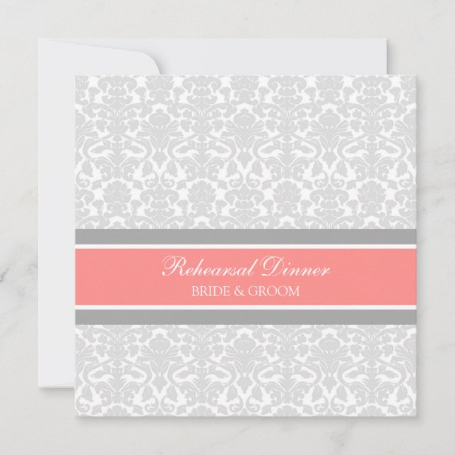 Coral Grey Damask Rehearsal Dinner Party Invitation (Front)