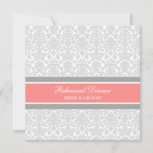 Coral Grey Damask Rehearsal Dinner Party Invitation