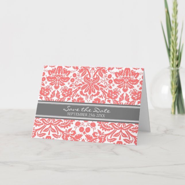 Coral Grey Damask Save the Date Announcement (Front)
