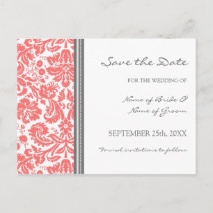 Coral Grey Damask Save the Date Wedding Postcard