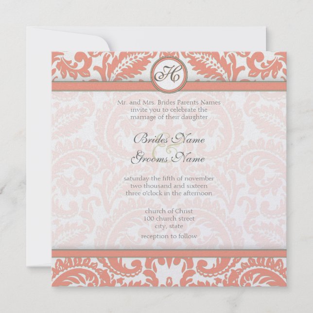 Coral & Grey Damask  Wedding Invitations (Front)