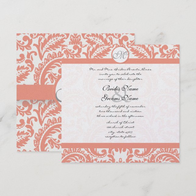 Coral & Grey Damask  Wedding Invitations (Front/Back)
