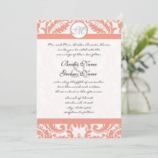 Coral & Grey Damask  Wedding Invitations (Standing Front)