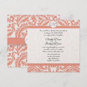 Coral & Grey Damask  Wedding Invitations