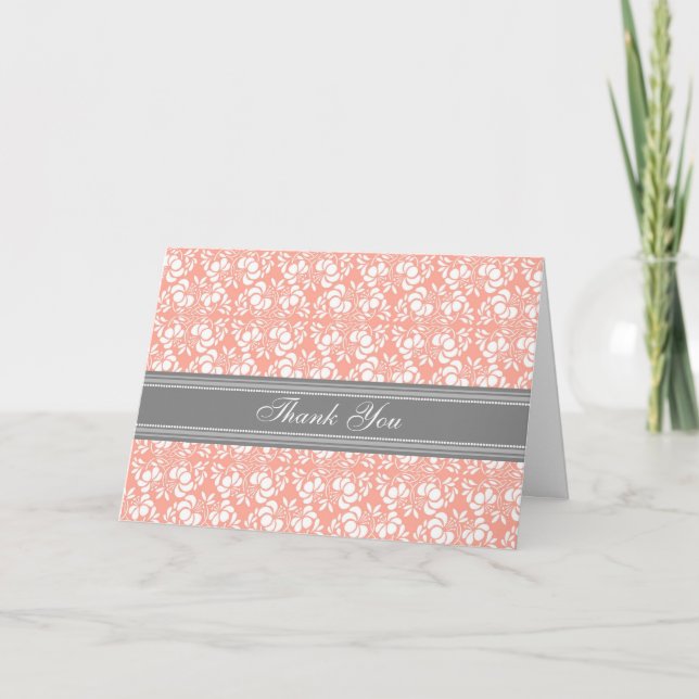 Coral Grey Damask Wedding Thank You Card (Front)