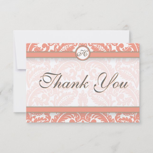 Coral & Grey Damask  Wedding Thank You Card (Front)