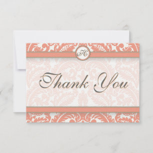 Coral & Grey Damask Wedding Thank You Card