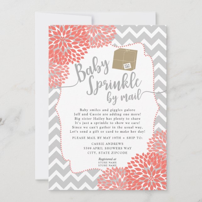 Coral Grey Floral Baby Sprinkle by mail Invitation (Front)