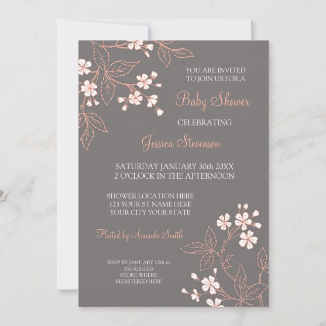 Coral Grey Floral Custom Baby Shower Invitations (Back)