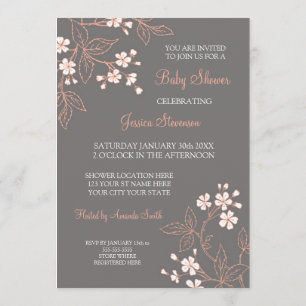 Coral Grey Floral Custom Baby Shower Invitations
