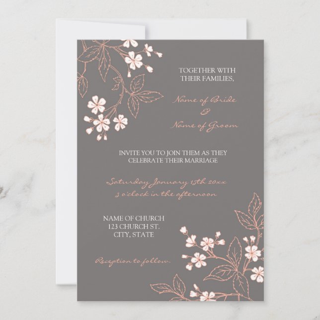 Coral Grey Floral Photo Wedding Invitation Cards (Front)