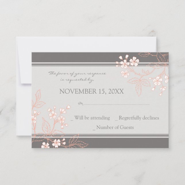 Coral Grey Floral RSVP Wedding Card (Front)