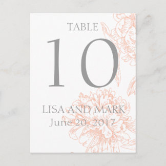 Coral Grey Floral Vintage Wedding Table Number Postcard