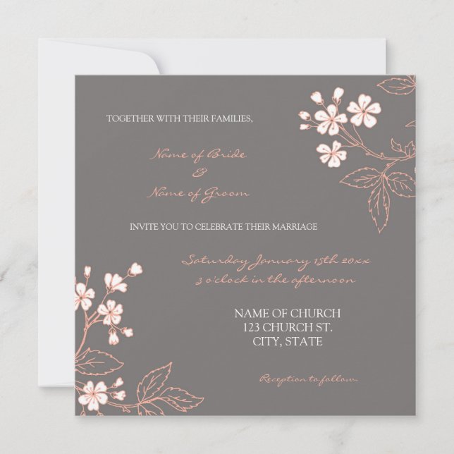 Coral Grey Floral Wedding Invitation Cards (Front)