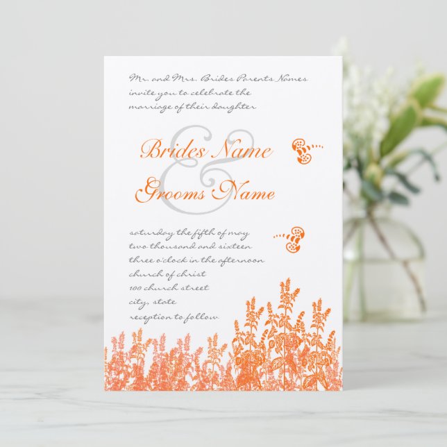 Coral & Grey Flower Butterfly Wedding Invitations (Standing Front)