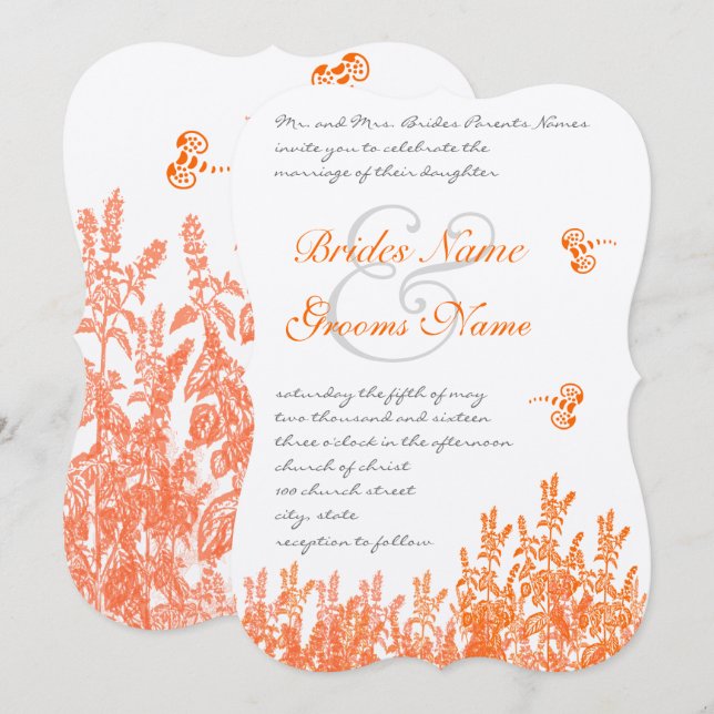 Coral & Grey Flower Butterfly Wedding Invitations (Front/Back)