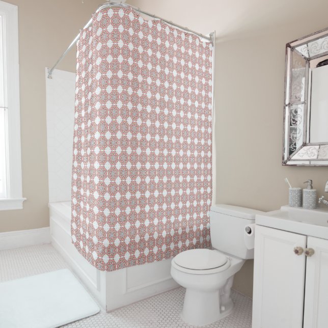 Coral & Grey Geometric Shower Curtain (In Situ)