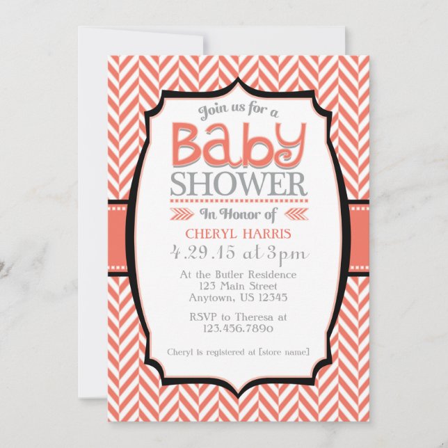 Coral Grey Herringbone Baby Shower Invitations (Front)