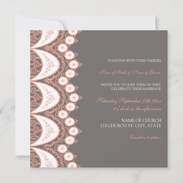 Coral Grey Lace Pattern Wedding Invitation Cards (Front)