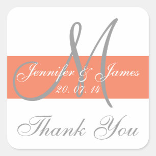 Coral Grey Monogram Wedding Thank You Stickers