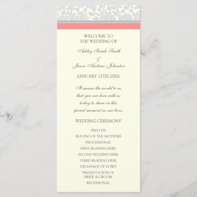 Coral Grey Off White Damask Wedding Program Programme (Front)