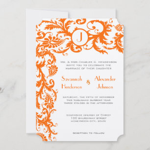 Coral & Grey Orange Damask Wedding Invitation