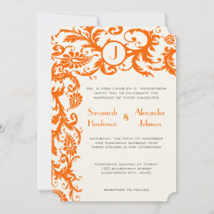 Coral & Grey Orange Damask Wedding Invitation