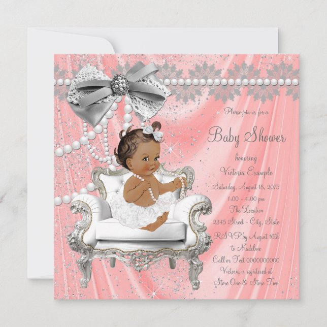 Coral Grey Pearl Chair Ethnic Girl Baby Shower Invitation (Front)