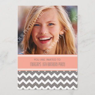 Coral Grey Photo 16th Birthday Party Invitations