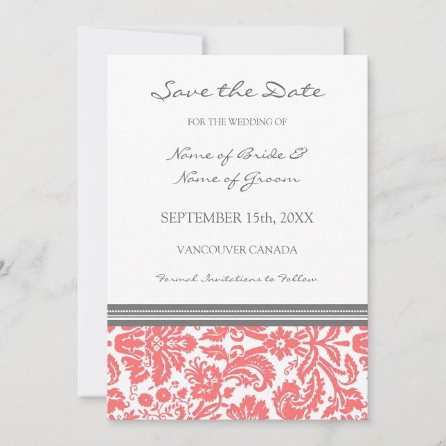 Coral Grey Photo Wedding Save the Date Card (Front)