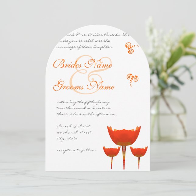 Coral & Grey Poppies Butterfly Wedding Invitation (Standing Front)