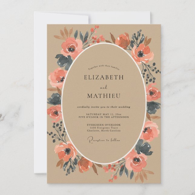 Coral Grey Poppy Wedding Invitation (Front)