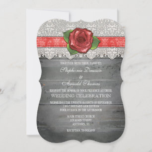 Coral Grey Rustic Wood Rose Wedding Invite