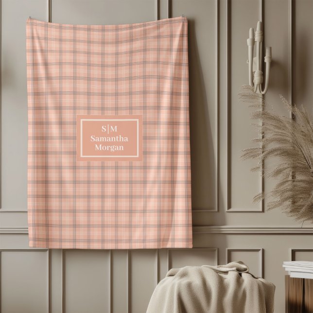 Coral Grey Tartan Throw Personalised Gift Idea Fleece Blanket (Coral Grey Tartan Throw Personalized Gift Idea)