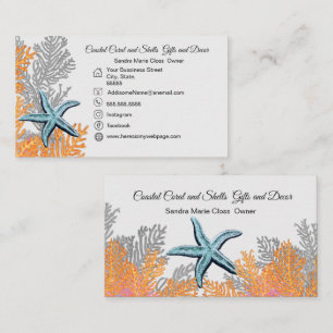 Coral Grey Teal Starfish  Simple Coastal Business Card